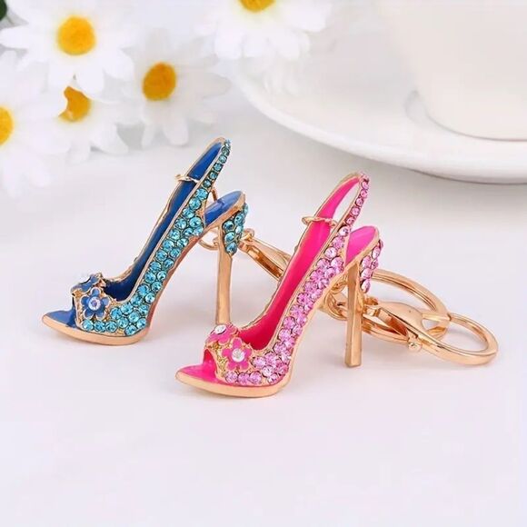 Mini High-Heeled Slingback Shoe Keyring, Bag Charm Rhinestone Decor Metal - Picture 3 of 3